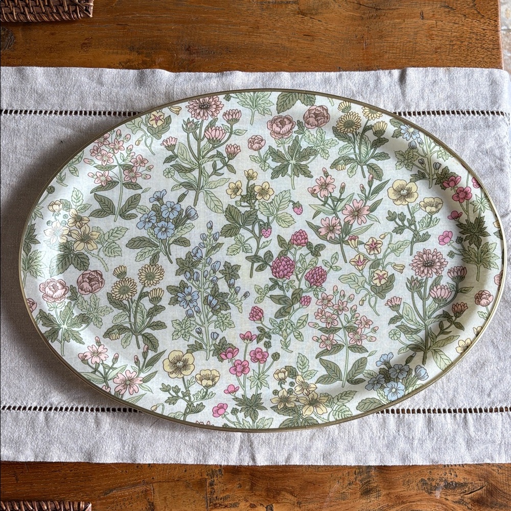 Keswick Floral Fiberglass Oval Serving Tray with Gold Rim